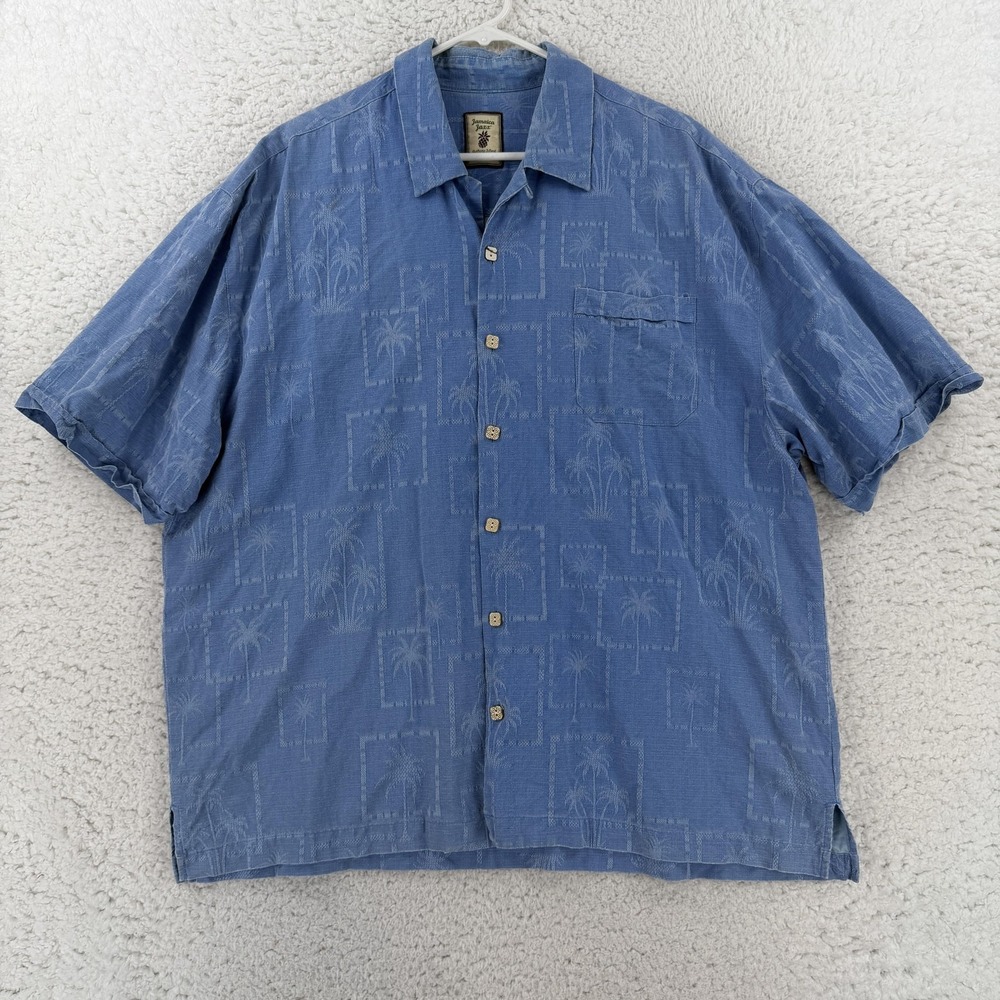 Jamaica Jaxx Shirt Mens 2XL Blue Palm Hawaiian Silk Short Sleeve Button Up Aloha